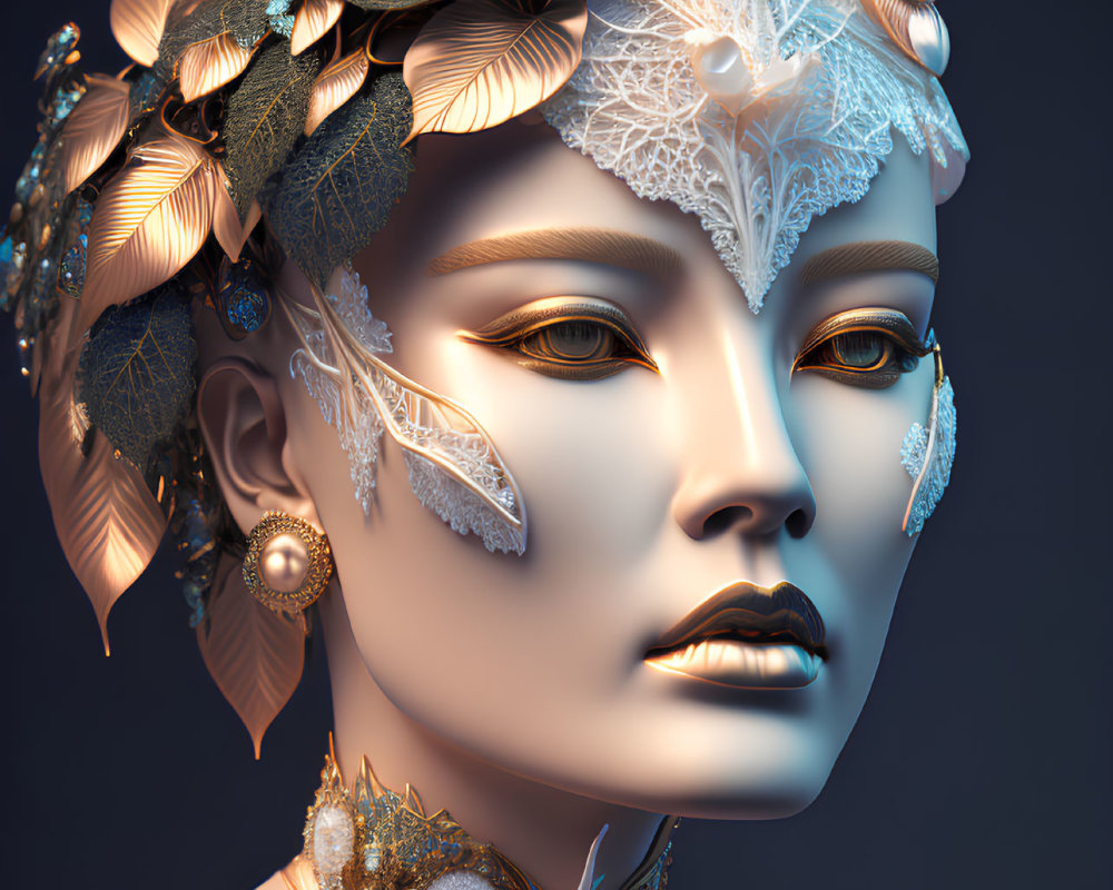 Golden-skinned woman in metallic leaf crown with lace and jewelry.