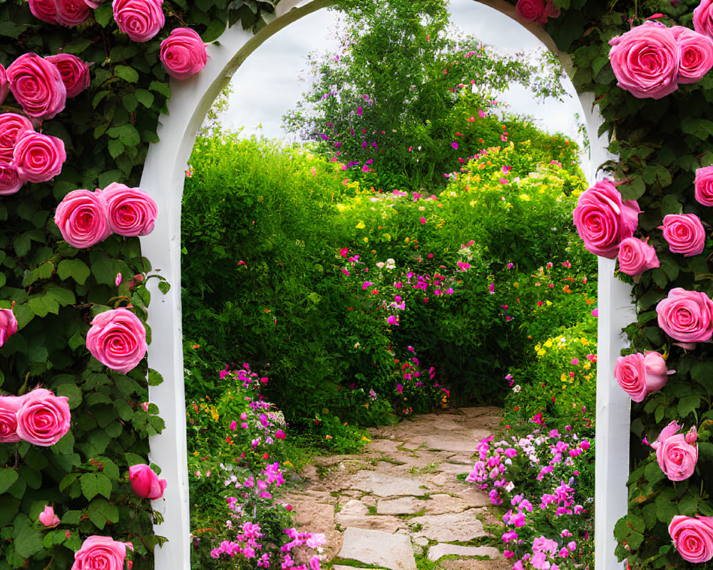 Pink Rose Adorned Archway Leading to Lush Garden Path