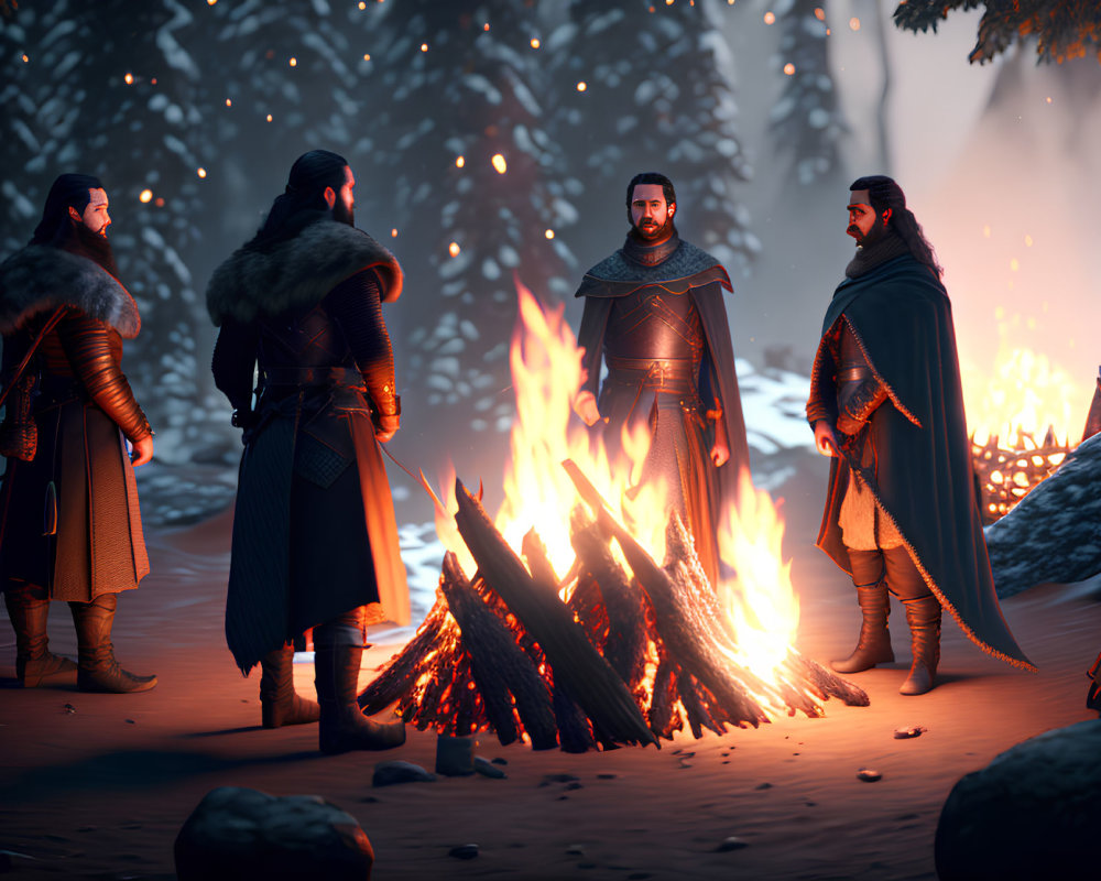 Medieval warriors around bonfire in snowy forest