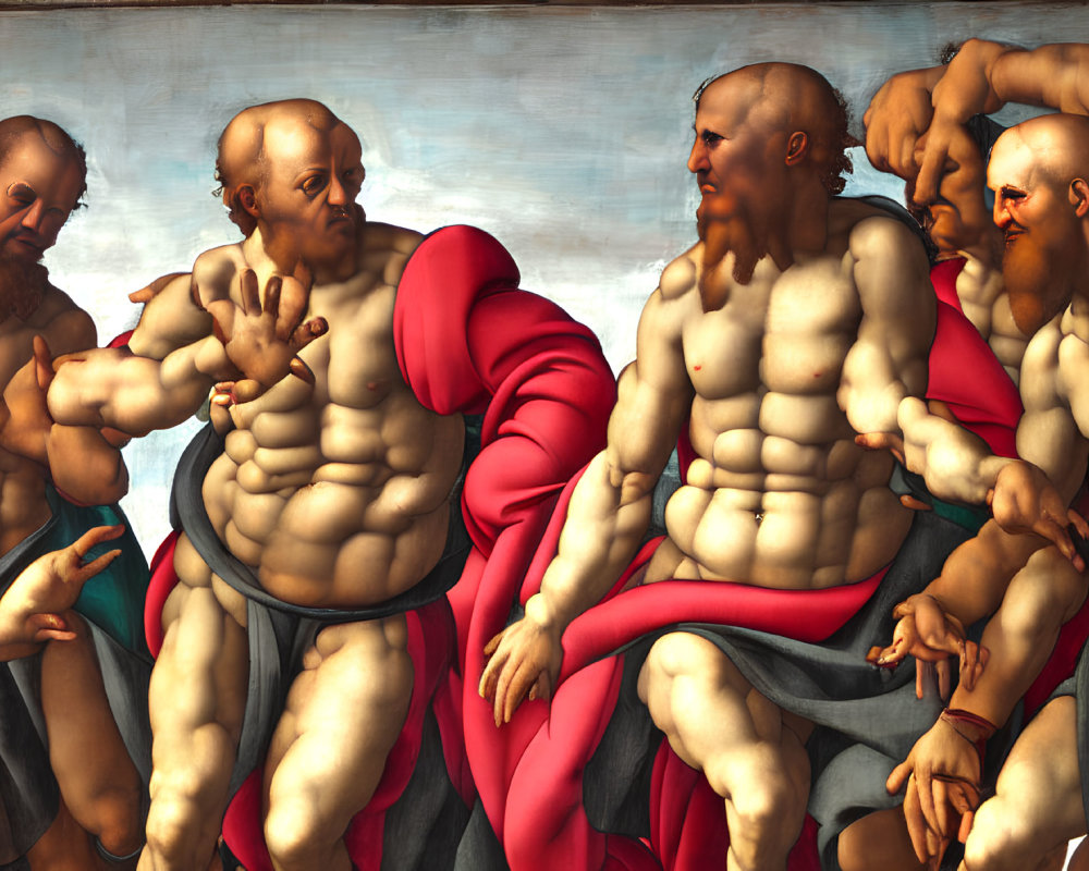 Renaissance painting fragment: Muscular men in discussion with vivid expressions