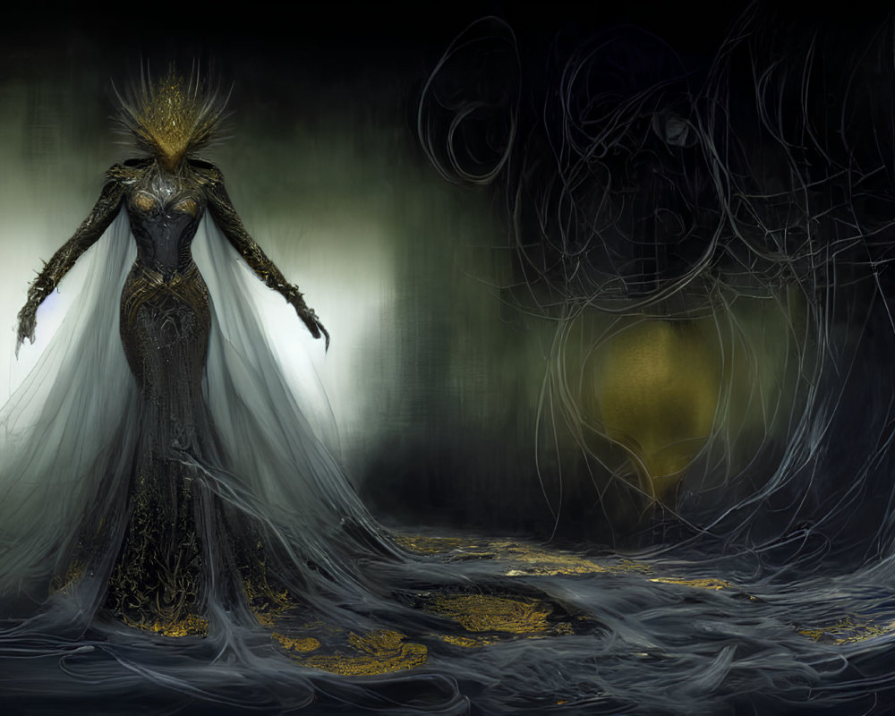 Majestic figure in black and gold dress with spiked crown and glowing orb