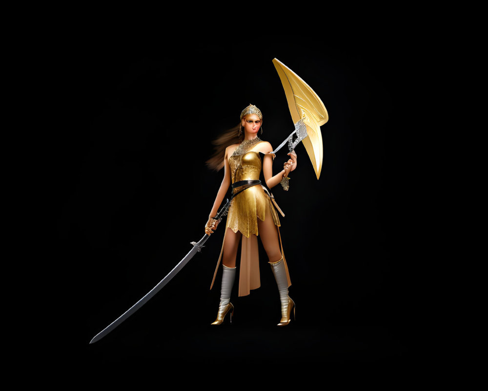 Female warrior in golden armor with sword and shield on dark background