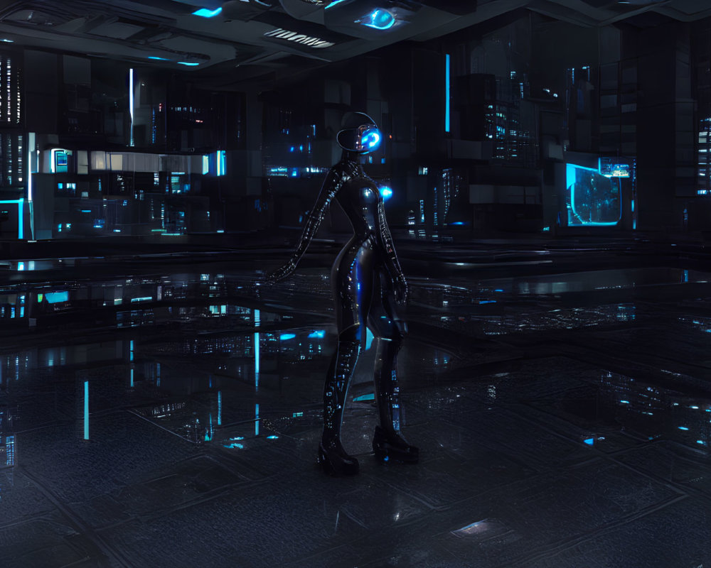 Futuristic humanoid robot in neon-lit room