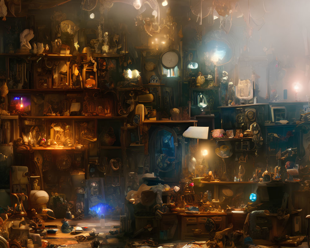 Eclectic, glowing artifacts in dimly lit room