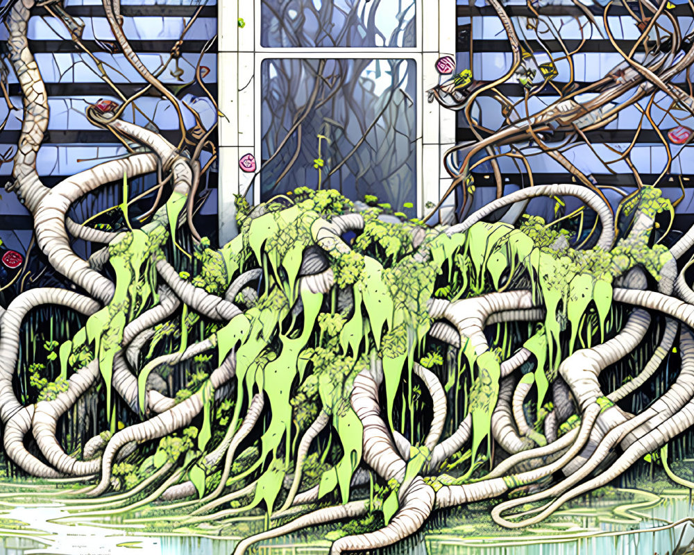 Colorful illustration of twisting vines with green foliage on glass structure