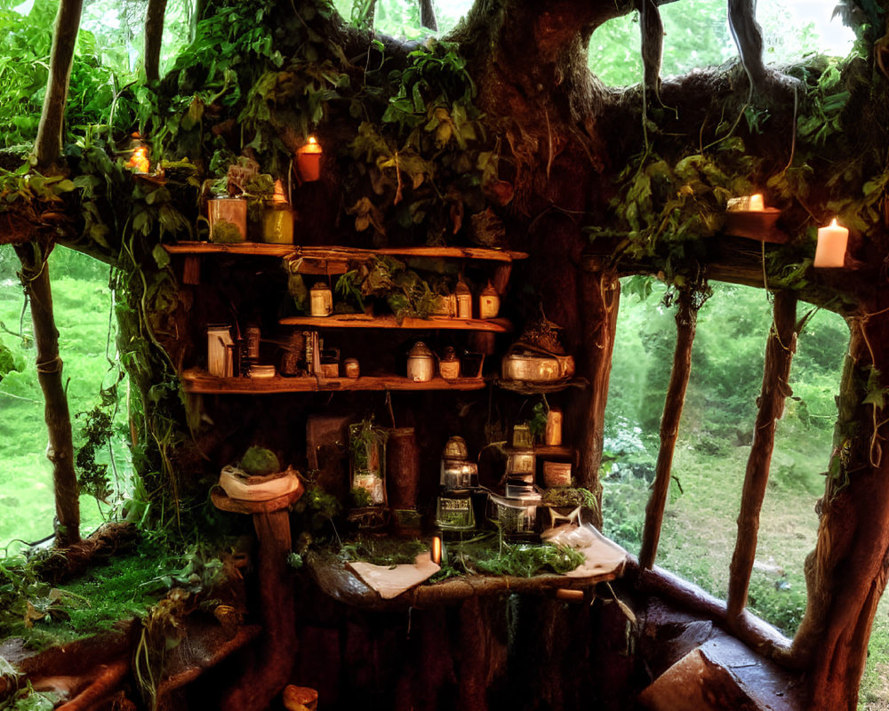 Cozy candle-lit tree nook with whimsical decor shelves