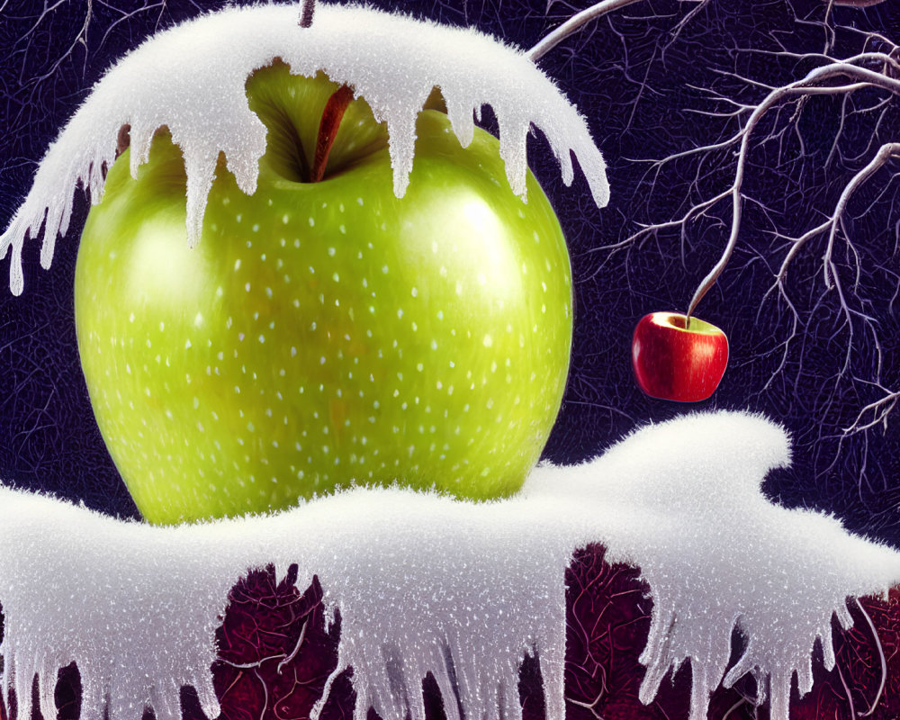 Large green apple covered in frost next to small red apple against dark icy branches