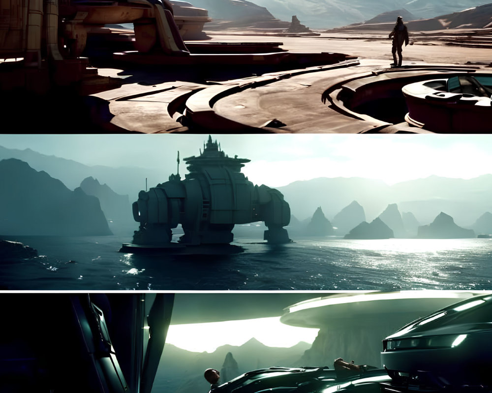 Futuristic scenes: person with spacecraft, ship in misty mountains, cockpit with planet view