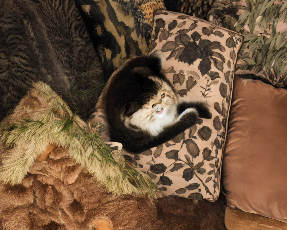 Cat relaxing among patterned and solid pillows with cozy blanket.