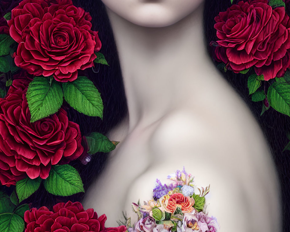 Person with Pale Skin Adorned with Red Roses and Flowers Bouquet on Green Background