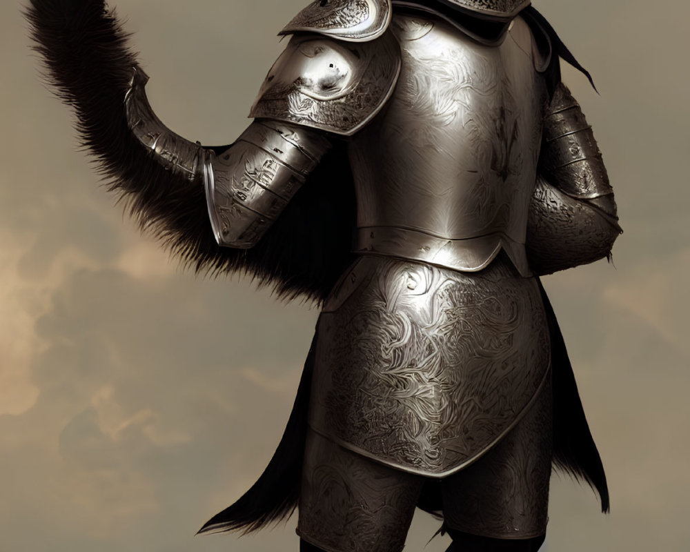 Medieval armor-clad figure with plumed helmet and tail on muted background