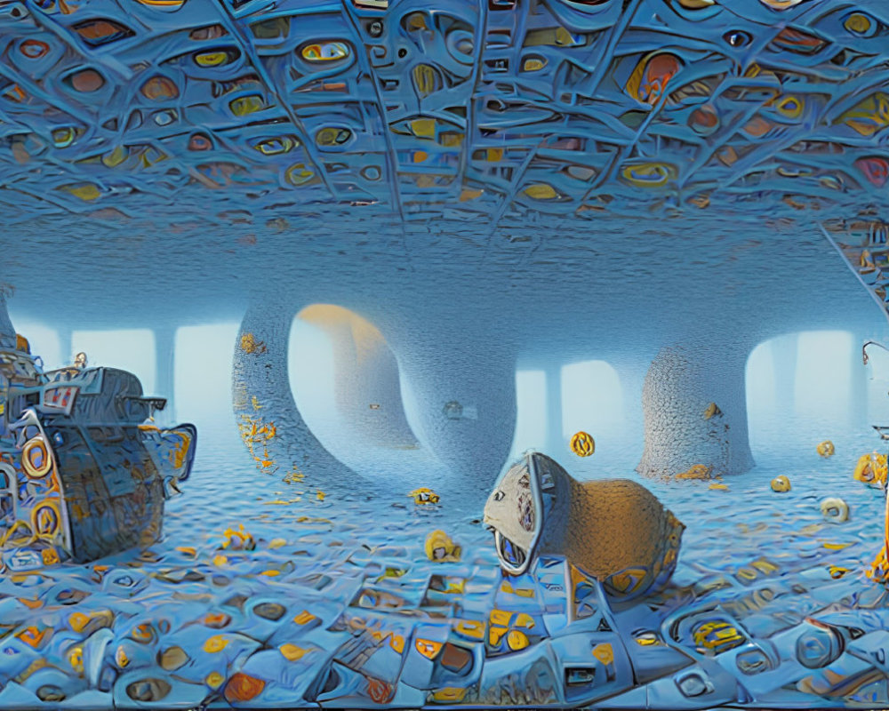 Panoramic surreal room with blue emoticons on walls and ceiling