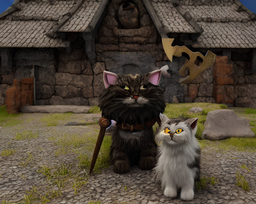 Fantasy warrior cats in unique armor at stone cottage under cloudy sky