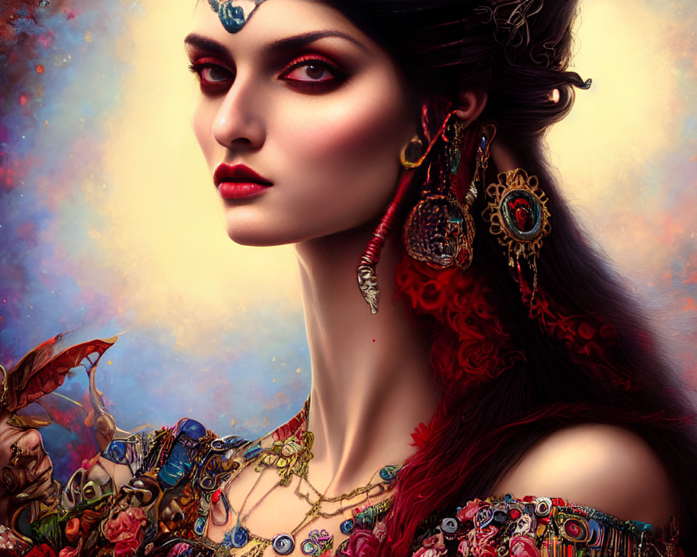 Illustrated woman with ornate jewelry in colorful attire on dreamy background