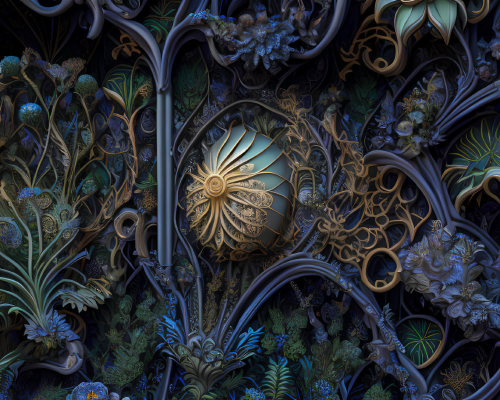 Detailed Dark-Toned Fractal Image with Floral Patterns