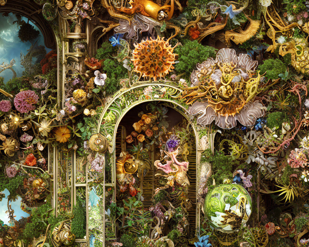 Fantastical collage of lush vegetation, creatures, and architecture