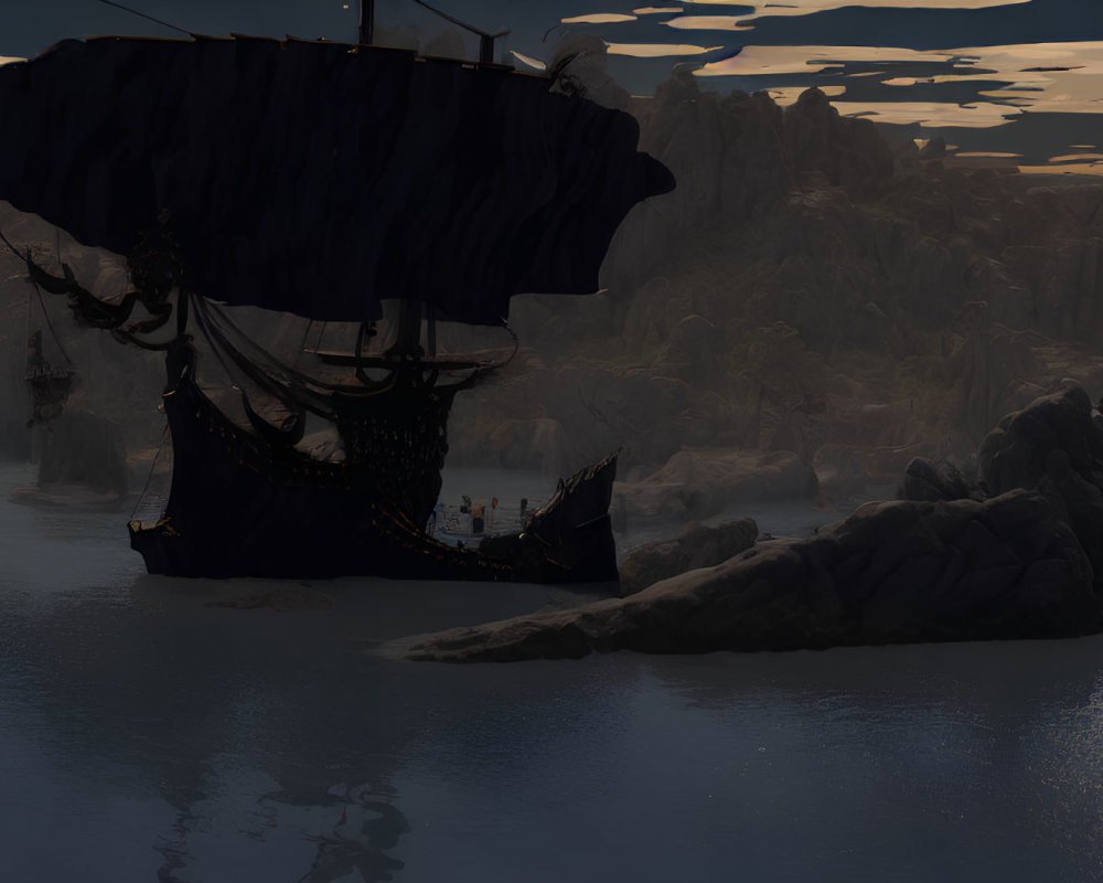 Pirate ship with black sail navigating rocky cliffs at twilight