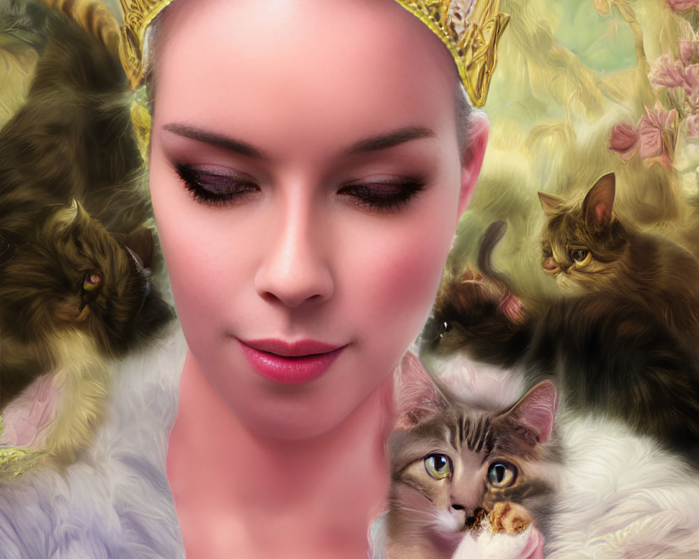 Woman with Crown Holding Cat Surrounded by Cats in Floral Setting