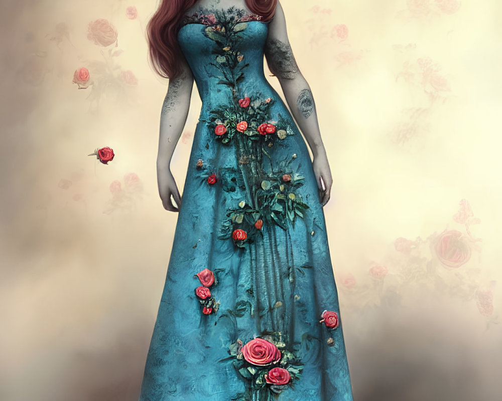 Digital artwork: Woman with red hair in blue gown with rose motifs against misty backdrop.