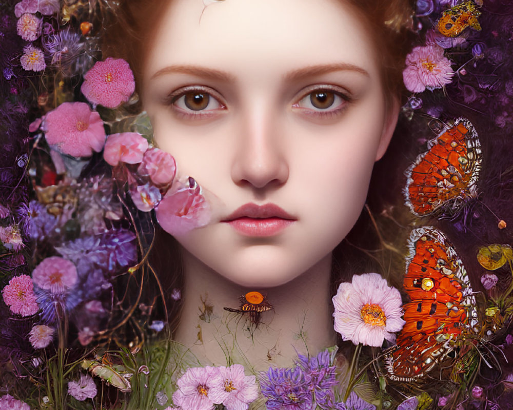 Intense gaze woman portrait with flowers and butterfly