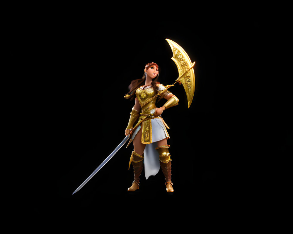 Golden-armored warrior with sword and shield on black background