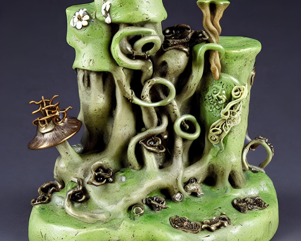 Intricately detailed green fantasy tree sculpture with Celtic knot patterns