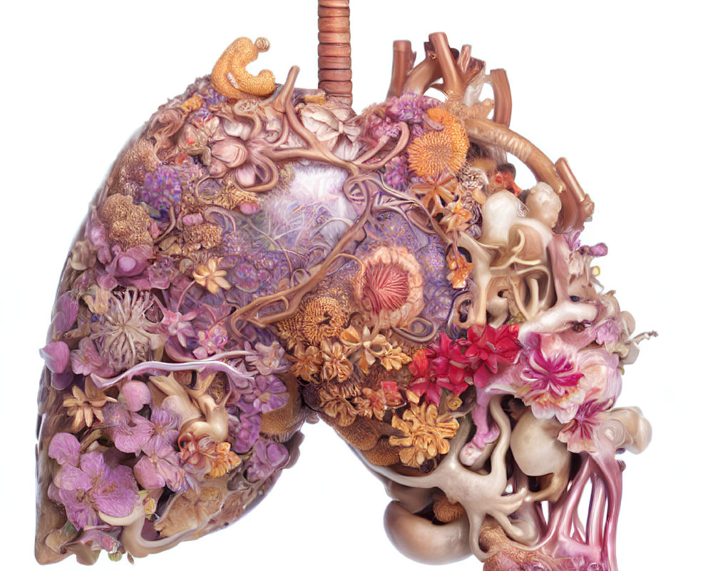 Human lungs and airways transformed into colorful floral bouquet