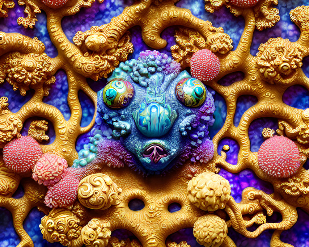 Colorful surreal artwork with blue creature and intricate textures.