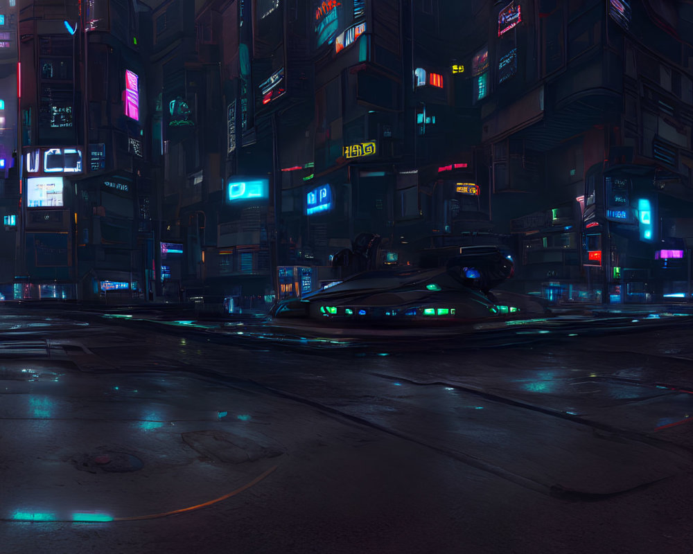 Futuristic night cityscape with neon signs, flying car, and vibrant lights.