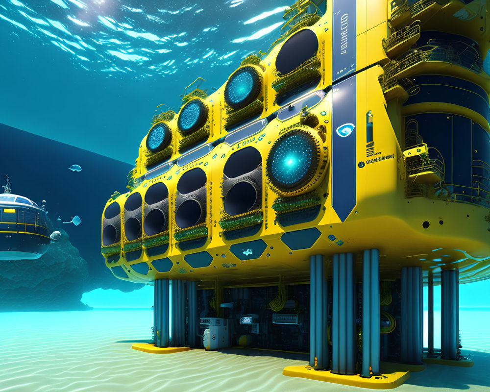 Futuristic underwater habitat with circular windows and submarines on ocean floor