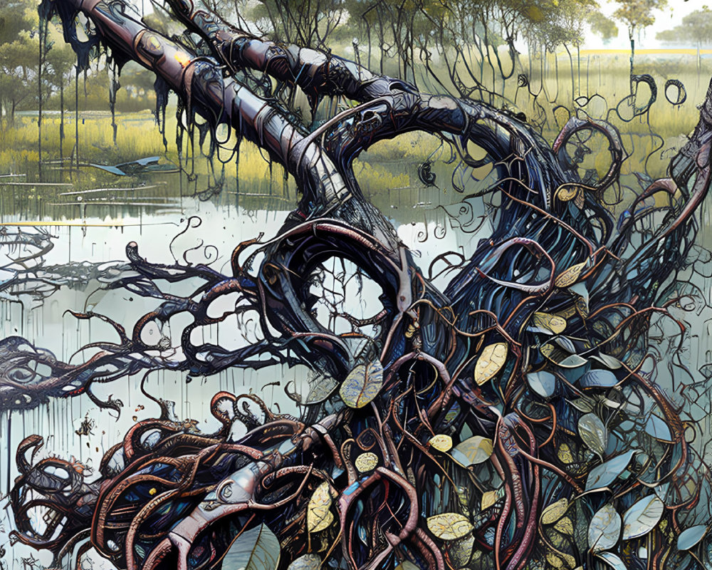 Intricate illustration of intertwining branches and roots in abstract natural landscape