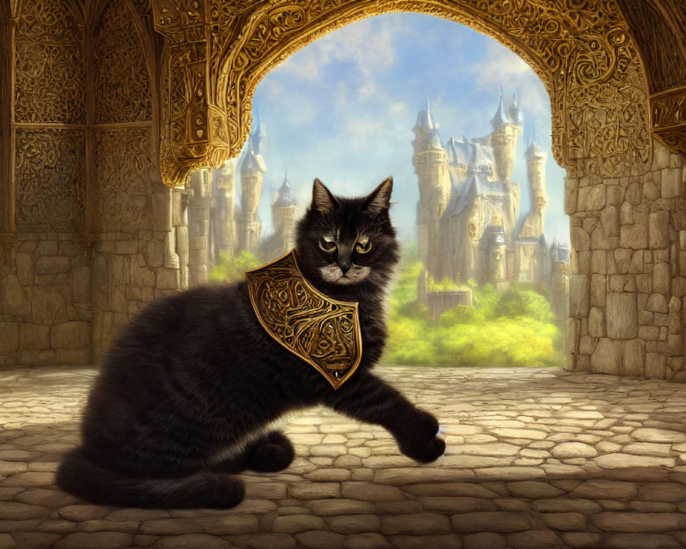 Black Cat with Golden Collar at Ornate Archway in Fantasy Castle Setting