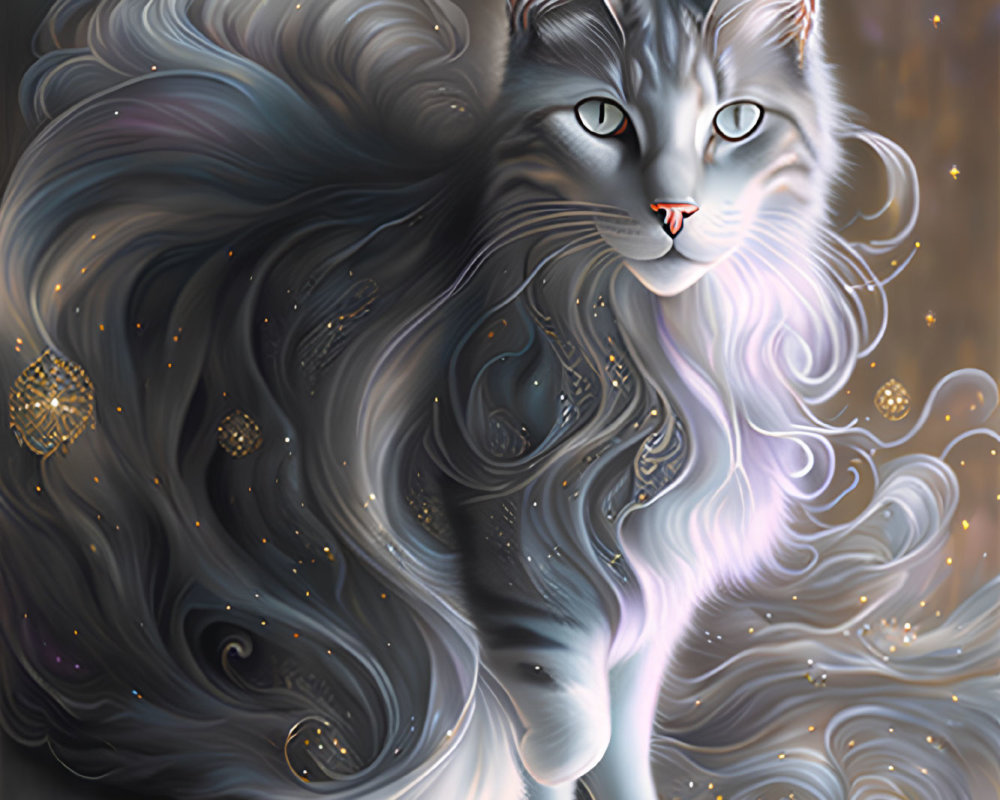 Mystical digital artwork: Cat with swirling grey-blue fur, amber eyes, cosmic background