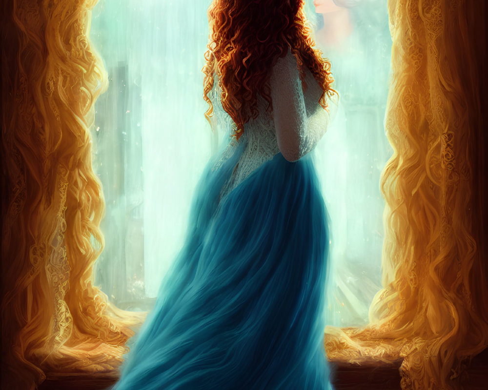 Red-haired woman in blue gown silhouetted by sunlight near window