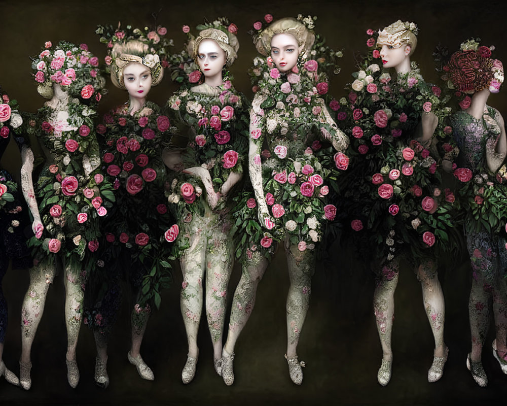 Seven stylized female figures with floral designs on hair and dresses on dark background