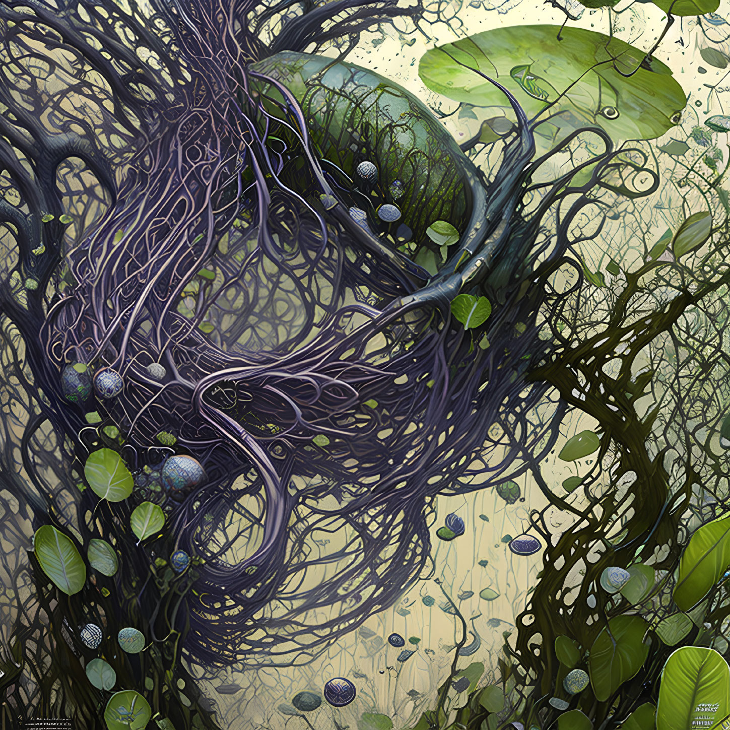 Detailed Illustration of Purple Roots and Green Lily Pads in Fantastical Scene