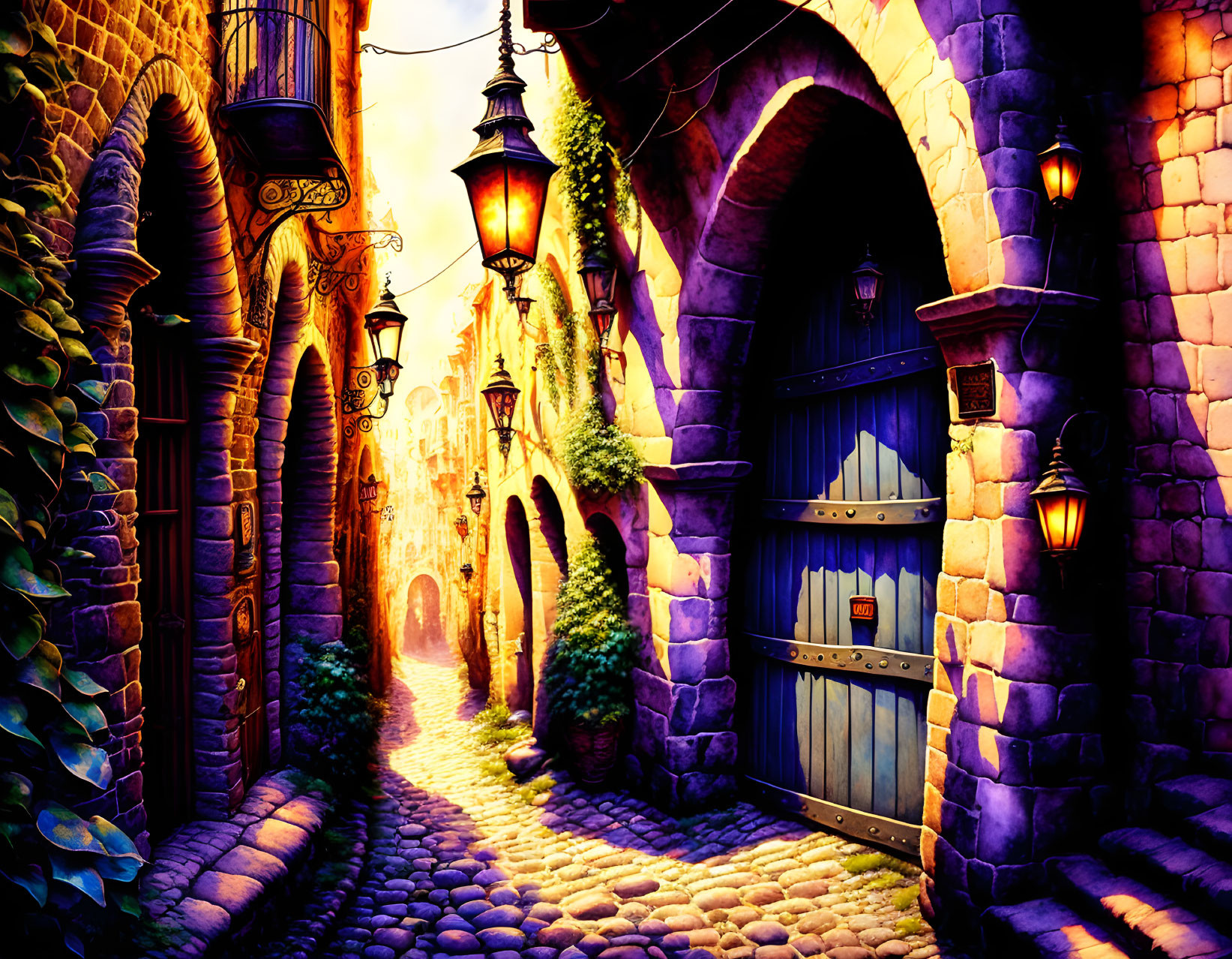 Colorful Illustration: Cobblestone Alley at Dusk