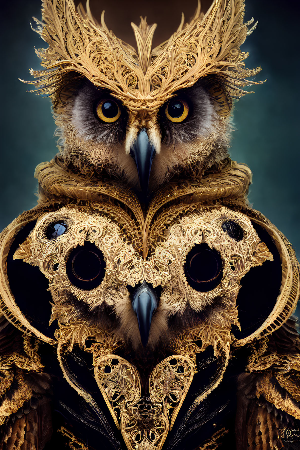 Detailed Owl Artwork with Golden Patterns and Majestic Feathers