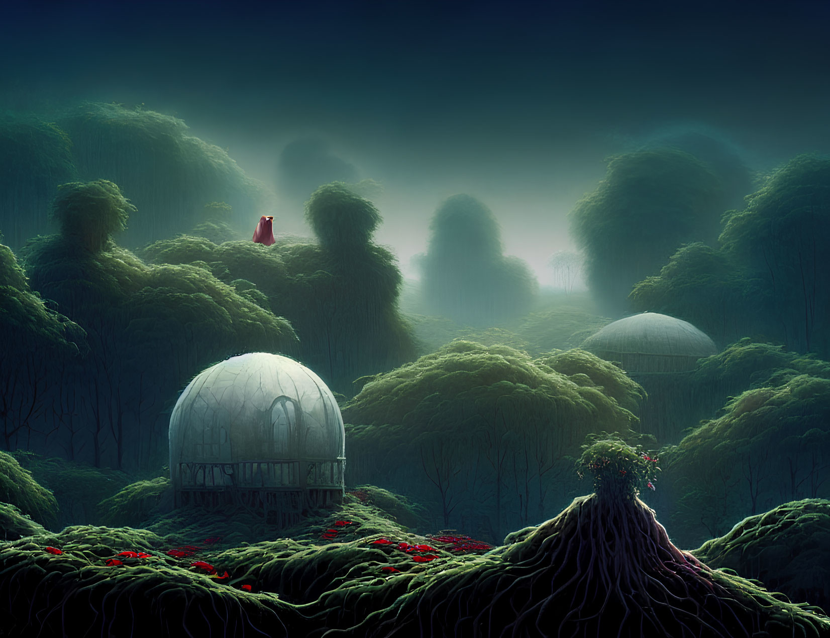 Mystical forest with red flowers, dome structures, and figure in red cloak