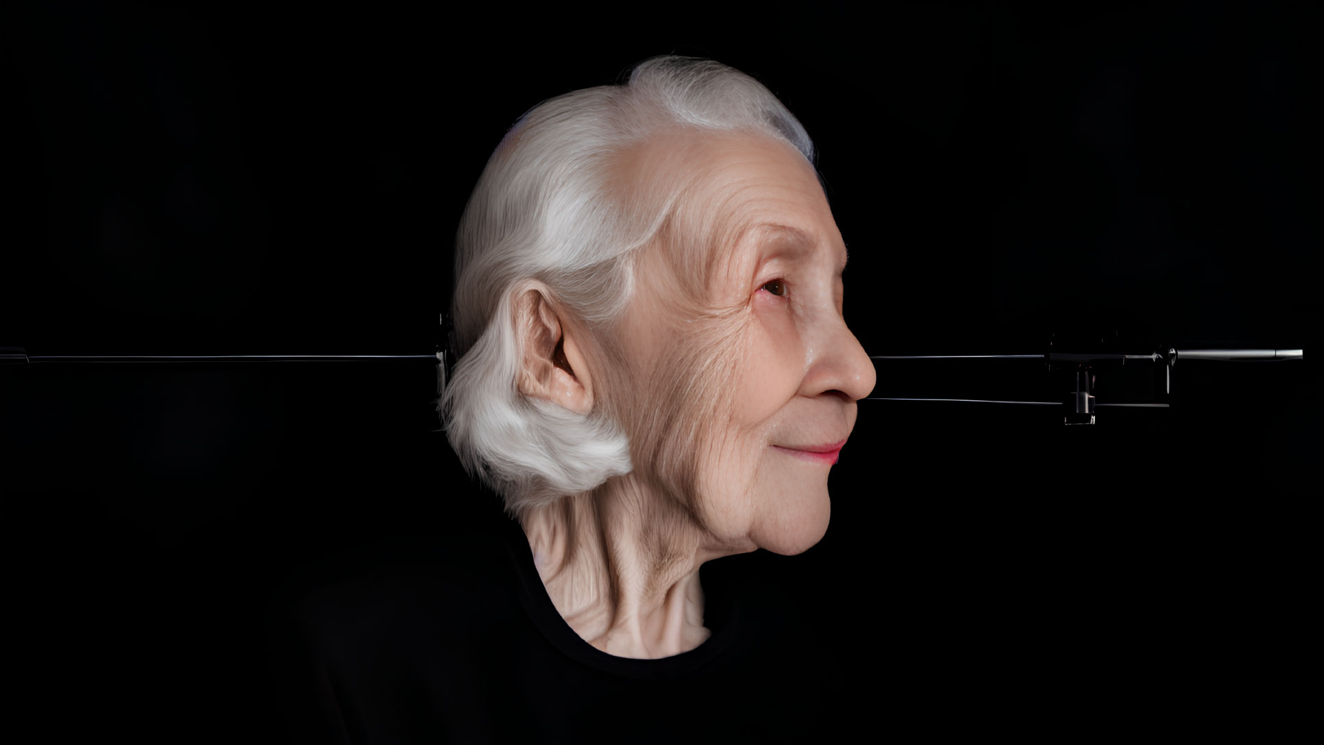 Elderly Woman with White Hair on Black Background