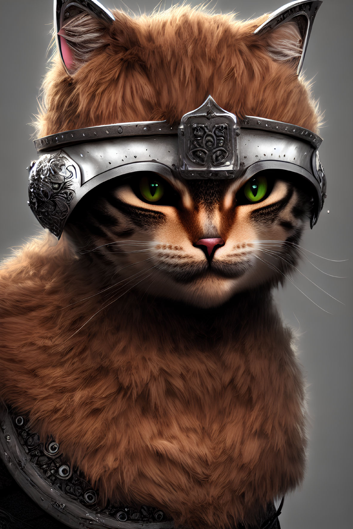 Digital artwork: Orange tabby cat in medieval armor with green eyes