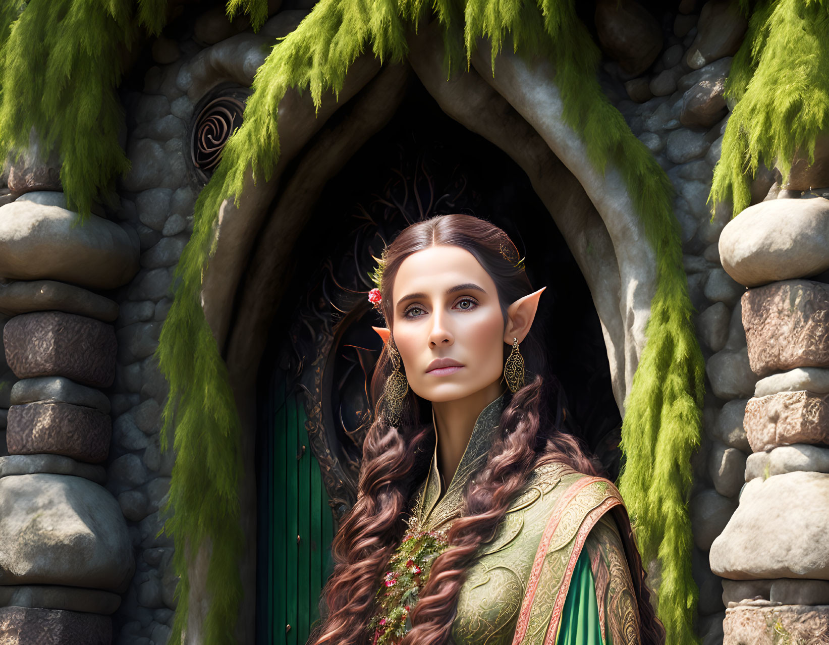 Elaborately dressed elf woman with pointed ears by ornate door