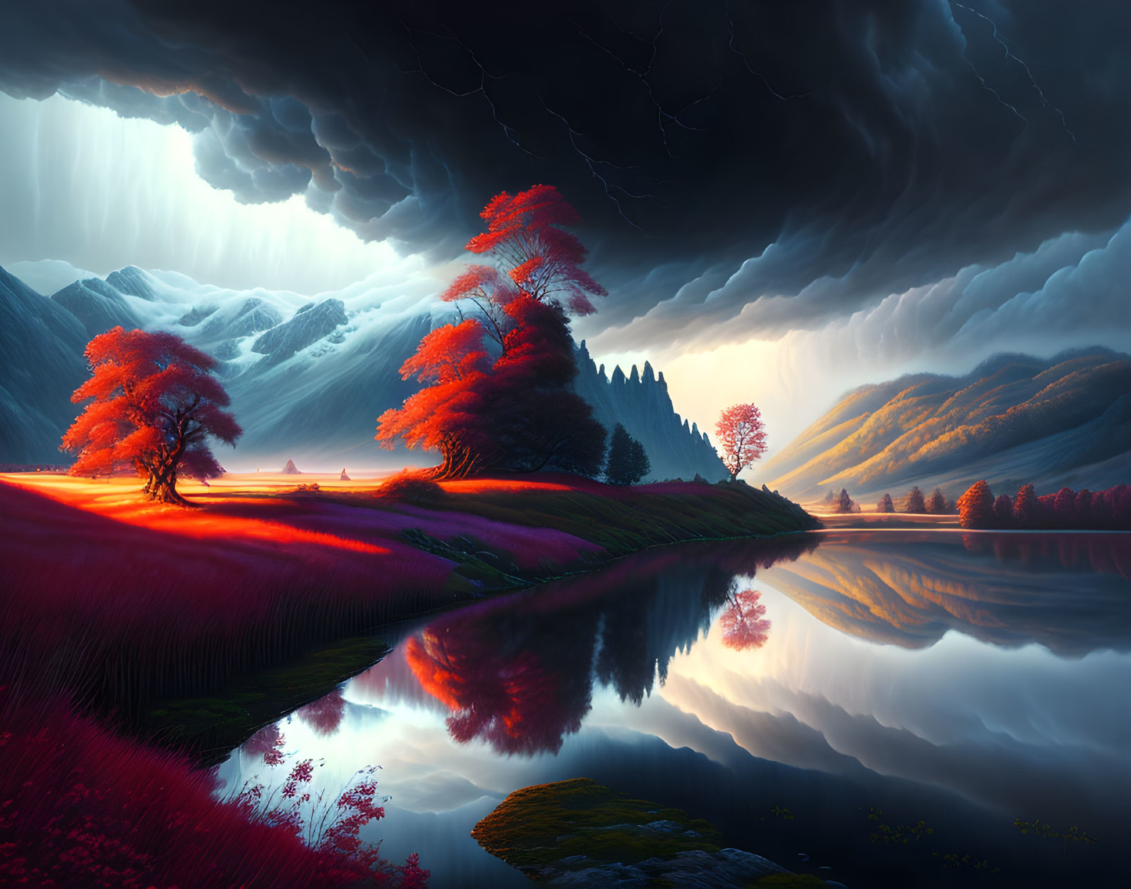 Vibrant red foliage, serene lake, storm clouds, sunlight rays