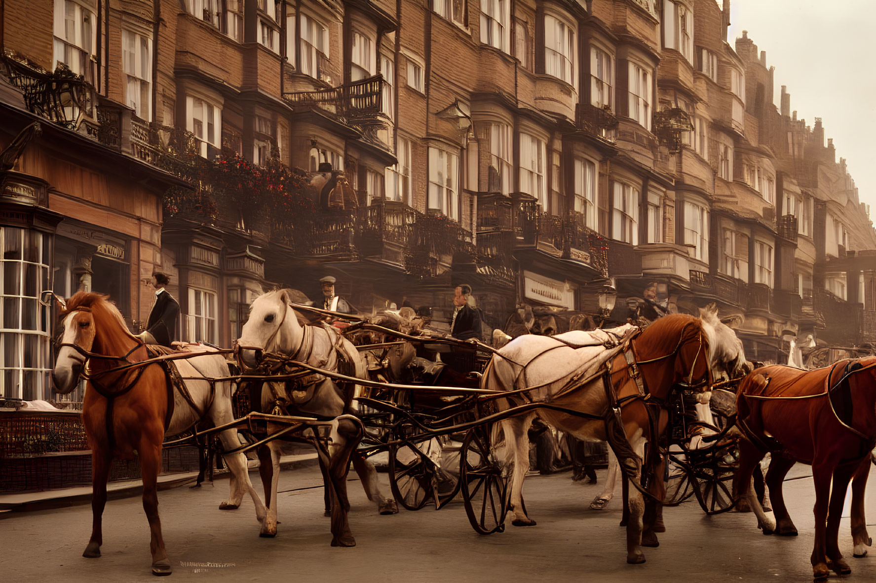 Historical scene: Horse-drawn carriages, period clothing, ornate buildings