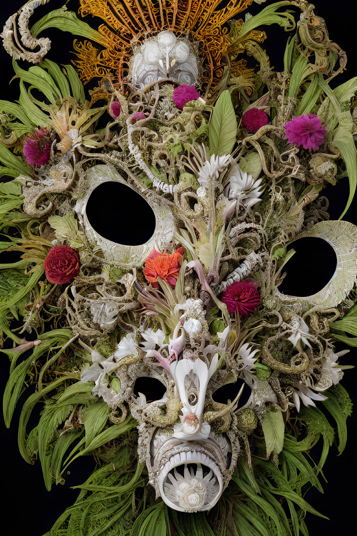 Intricate lacework mask with flowers, leaves, and feathers on black background