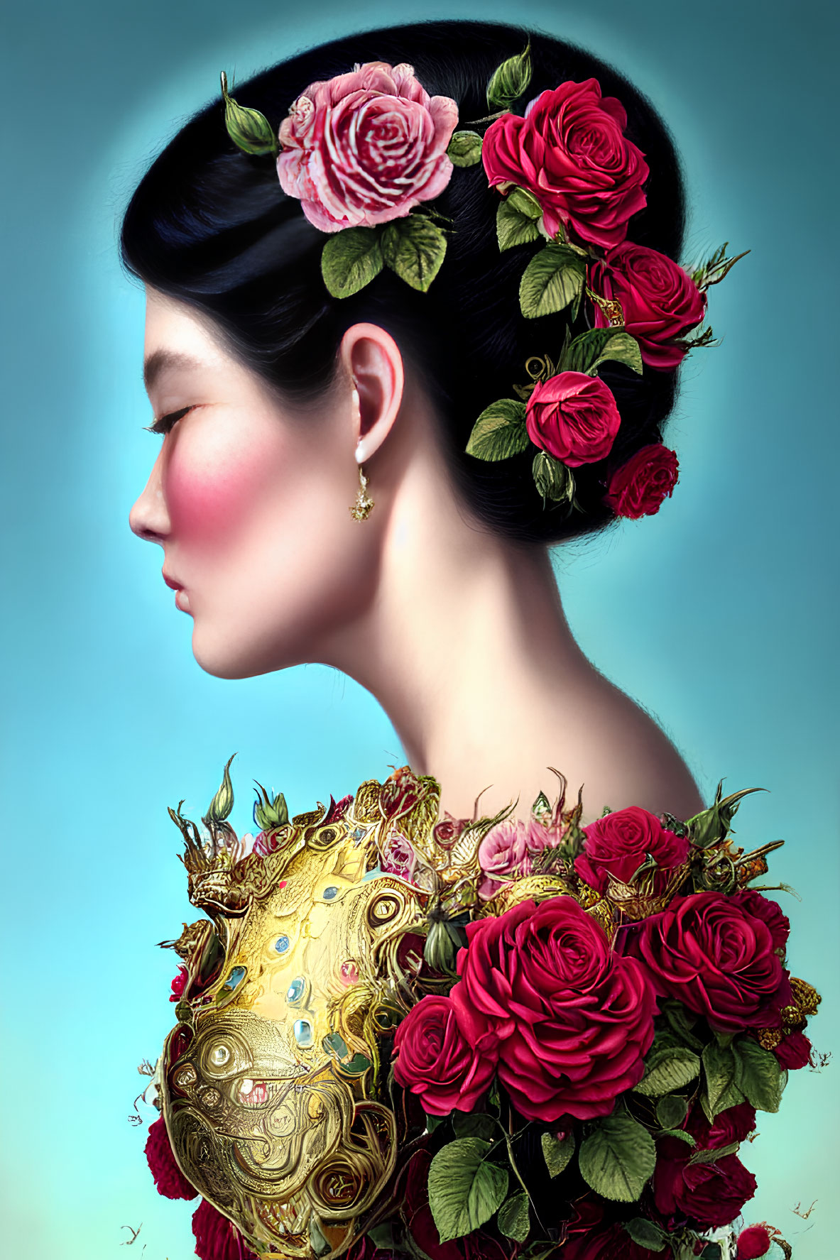 Woman with Elaborate Rose Adorned Hairstyle and Golden Floral Garment