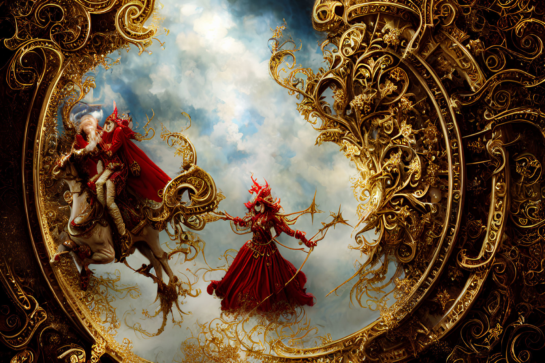 Regal figure in red attire wields sword in ornate golden setting