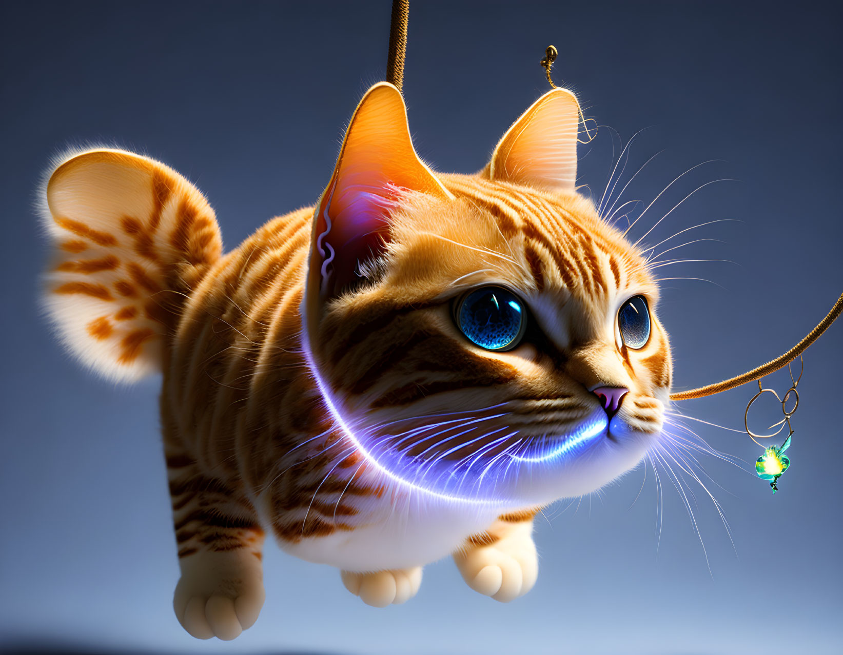 Whimsical digital artwork: Orange-striped cat with large eyes and fishhook, blue gradient background