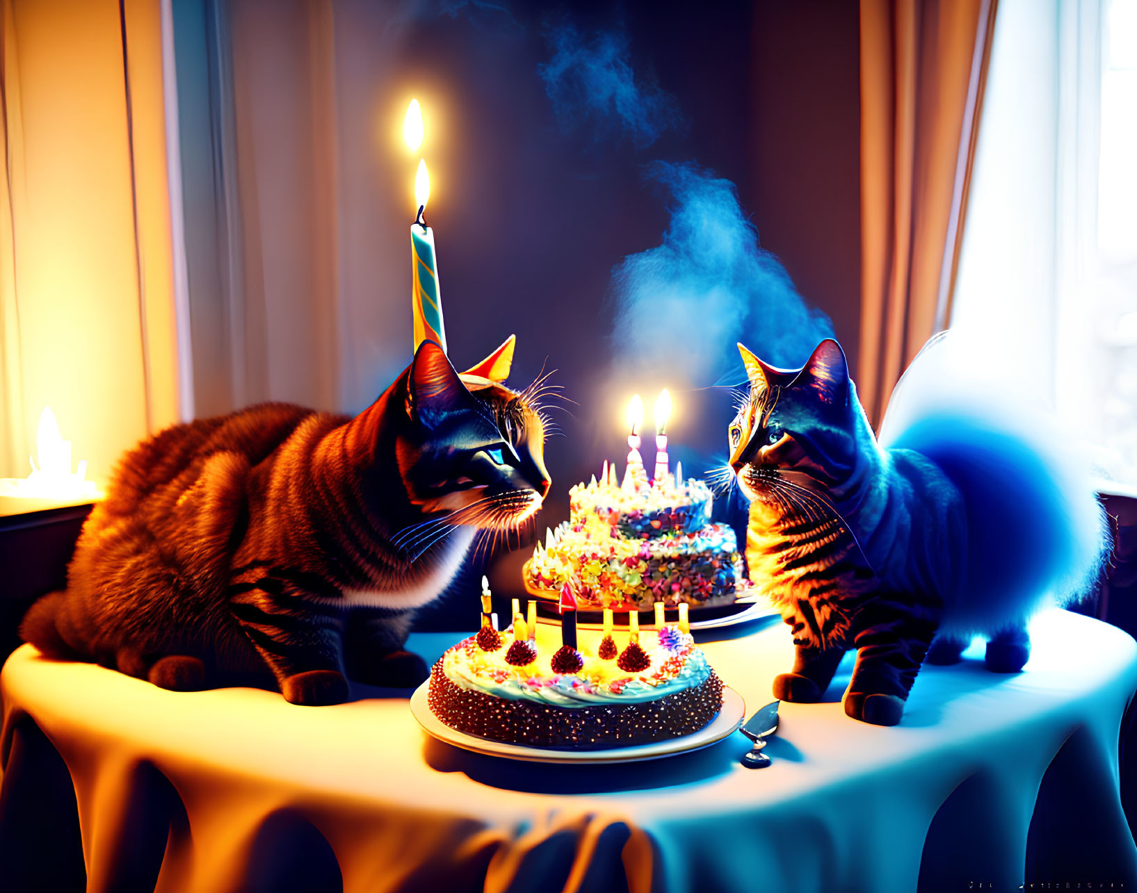 Two Cats Sitting at Table with Lit Birthday Cake & Glowing Candles