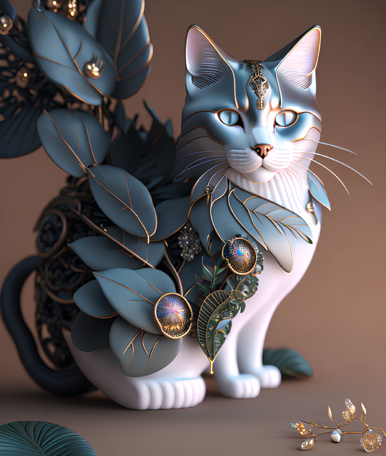 Decorative 3D Rendered Cat with Golden Floral Patterns and Jewelry